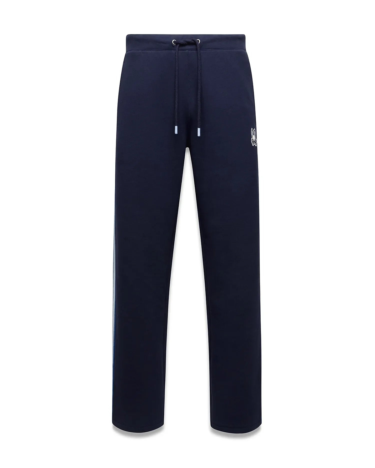 Mens Jaydon Track Pant, navy French terry with a relaxed fit, featuring a white drawstring waist, vertical blue and green side stripe, and a small embroidered white Psycho Bunny skull logo on the right thigh. (5)