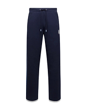 Mens Jaydon Track Pant, navy French terry with a relaxed fit, featuring a white drawstring waist, vertical blue and green side stripe, and a small embroidered white Psycho Bunny skull logo on the right thigh. (5)