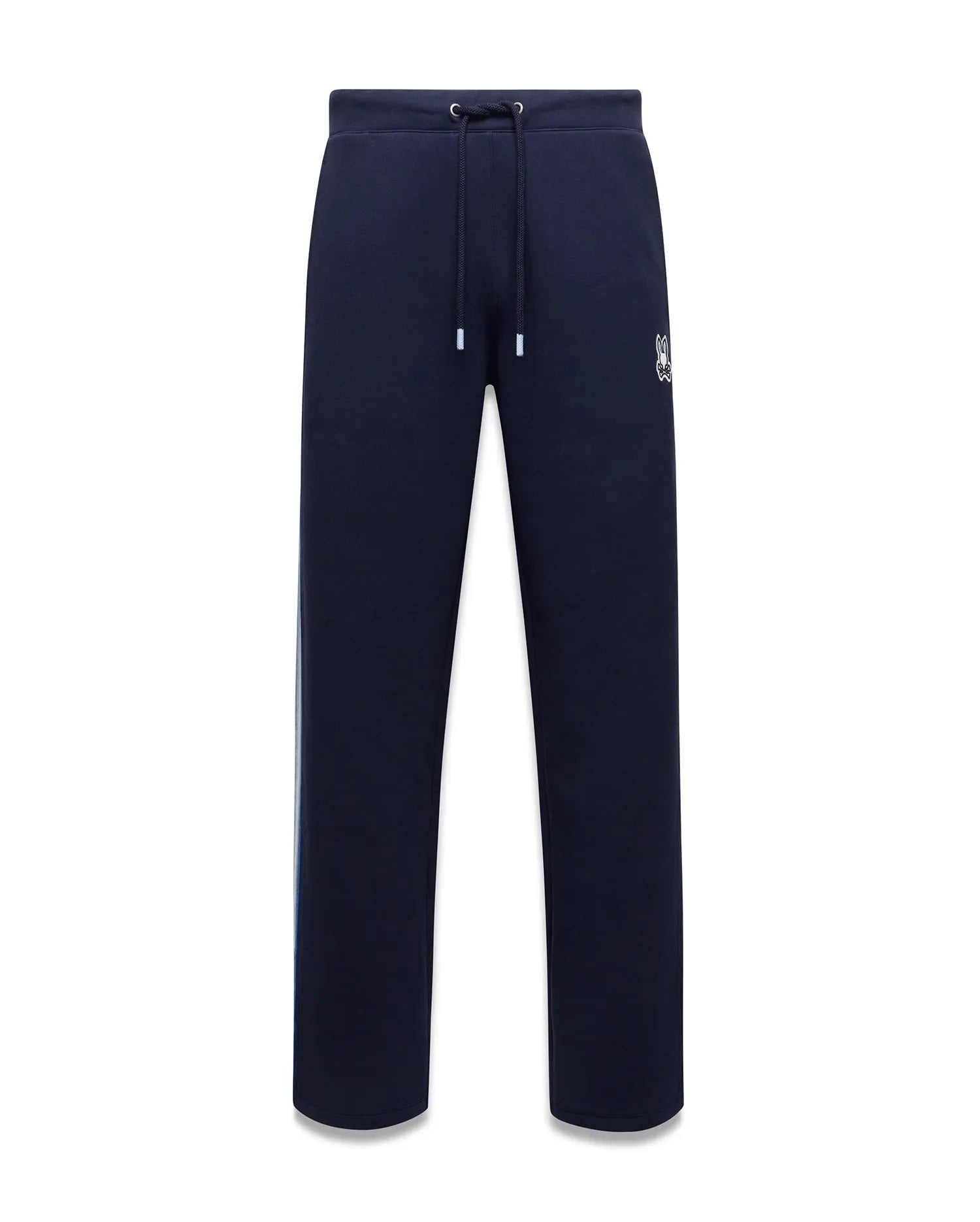 Mens Jaydon Track Pant, navy French terry with a relaxed fit, featuring a white drawstring waist, vertical blue and green side stripe, and a small embroidered white Psycho Bunny skull logo on the right thigh. (5)