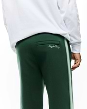 Mens Jaydon Track Pant in dark forest green, featuring a relaxed fit, smooth knit fabric, a multi-tone light green side stripe, and a contrasting embroidered Psycho Bunny script logo above the back pocket. (2)