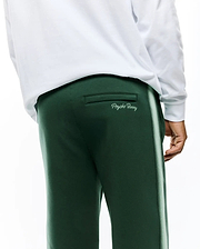 Mens Jaydon Track Pant in dark forest green, featuring a relaxed fit, smooth knit fabric, a multi-tone light green side stripe, and a contrasting embroidered Psycho Bunny script logo above the back pocket. (2)