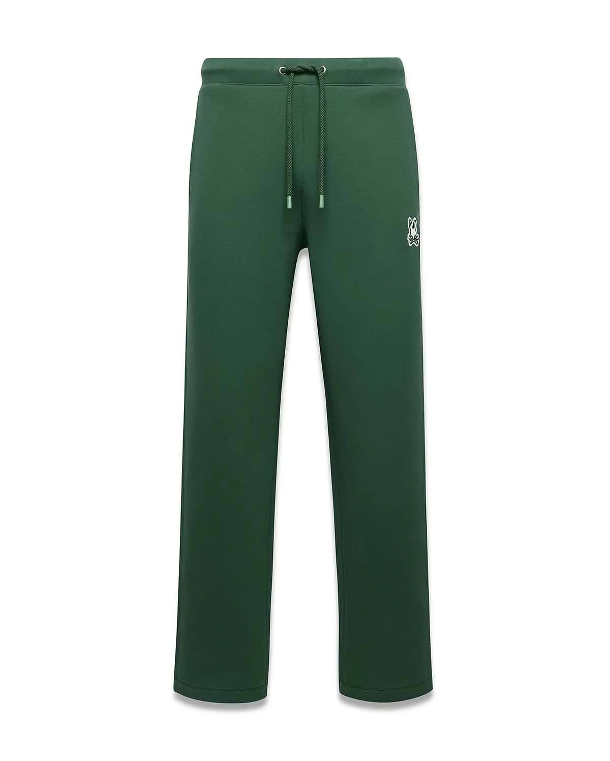 Mens Jaydon Track Pant, forest green, relaxed fit, smooth fabric, with a small white embroidered Psycho Bunny skull logo on the left thigh and a drawstring waist. (5)
