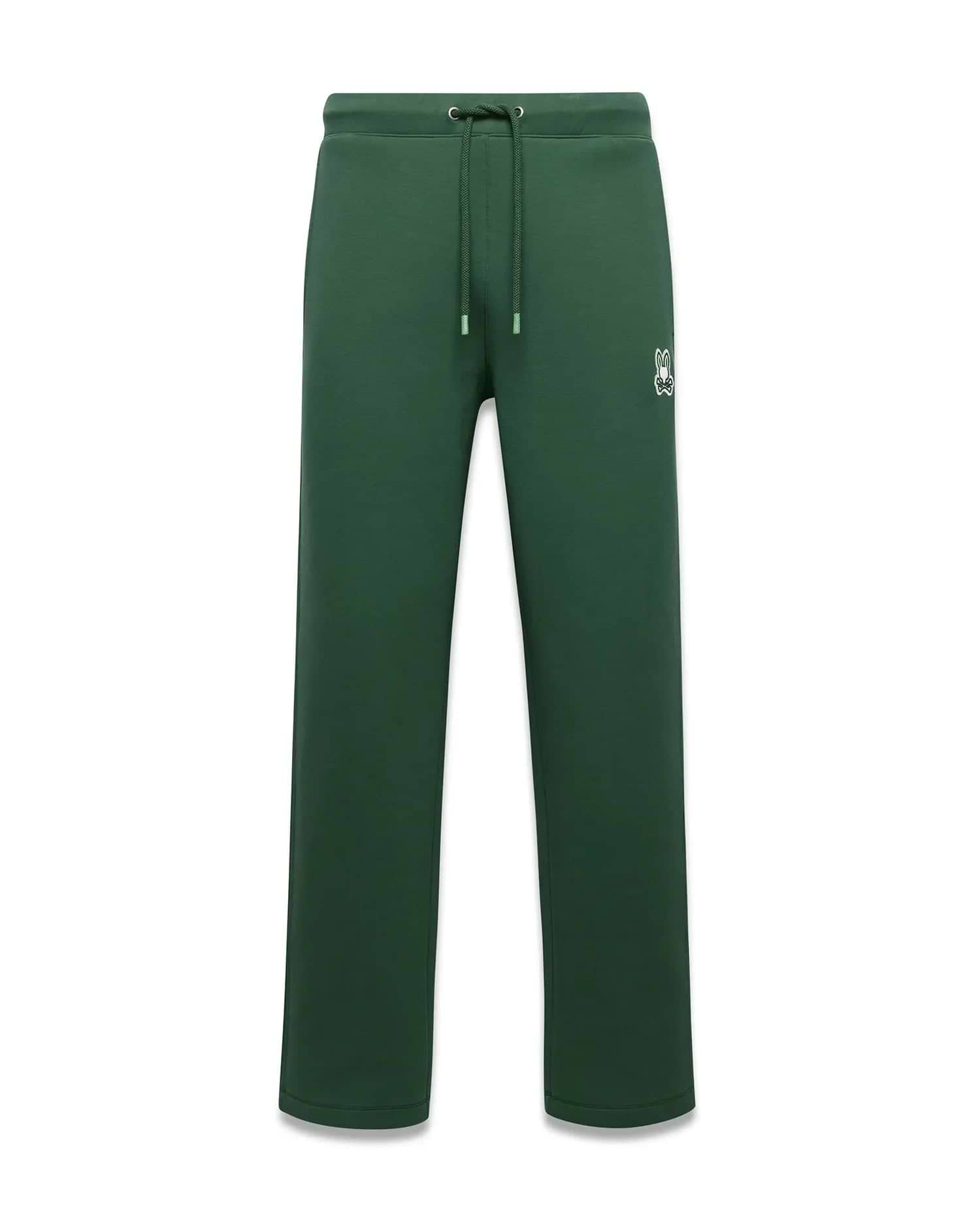 Mens Jaydon Track Pant, forest green, relaxed fit, smooth fabric, with a small white embroidered Psycho Bunny skull logo on the left thigh and a drawstring waist. (5)