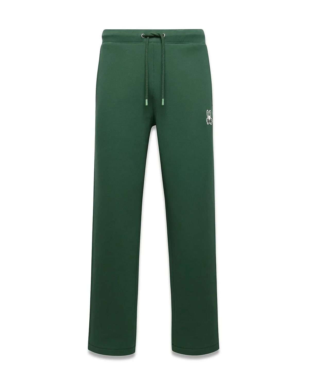 Mens Jaydon Track Pant, forest green, relaxed fit, smooth fabric, with a small white embroidered Psycho Bunny skull logo on the left thigh and a drawstring waist. (5)