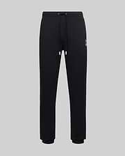 Mens Toby Track Pants, black smooth jersey with a relaxed fit, featuring a small embroidered white Psycho Bunny skull logo on the left thigh, drawstring waist, and ribbed cuffs with a white stripe.