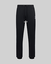 Mens Toby Track Pants, black smooth jersey with a relaxed fit, featuring a small embroidered white Psycho Bunny skull logo on the left thigh, drawstring waist, and ribbed cuffs with a white stripe.