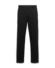 Mens Ceano Track Pant in black smooth knit, with white side stripes, a classic fit, and a small embroidered Psycho Bunny skull logo on the upper left thigh.