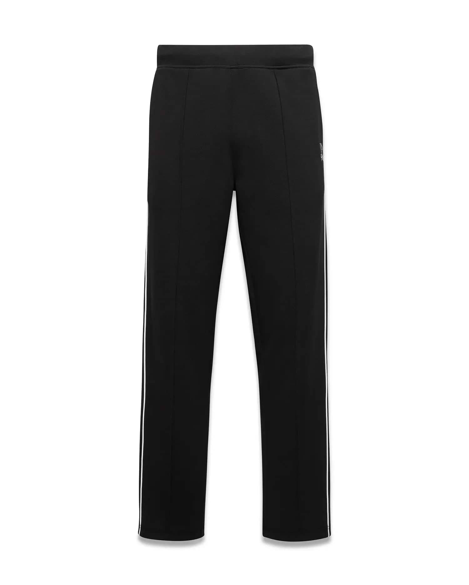 Mens Ceano Track Pant in black smooth knit, with white side stripes, a classic fit, and a small embroidered Psycho Bunny skull logo on the upper left thigh.