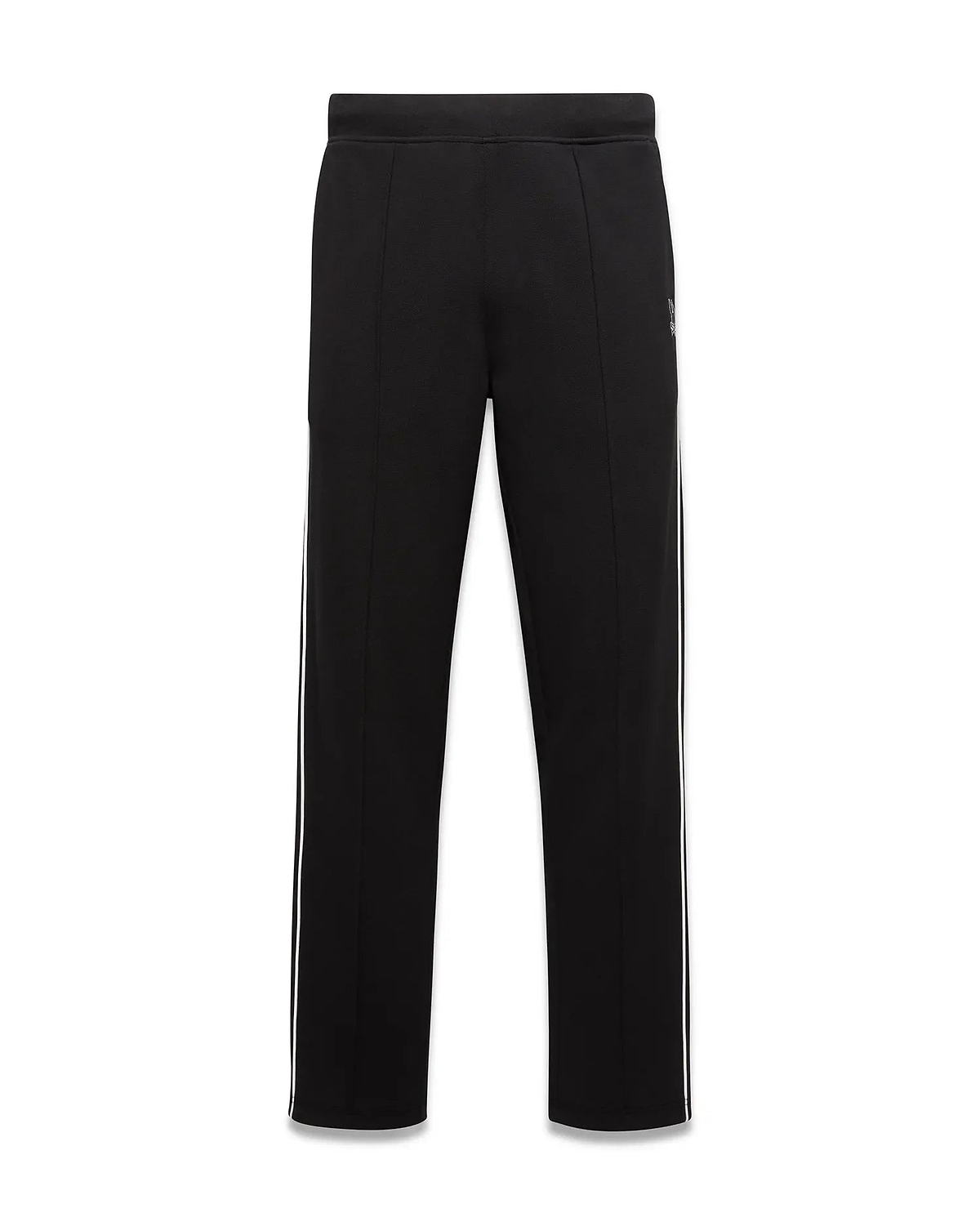 Mens Ceano Track Pant in black smooth knit, with white side stripes, a classic fit, and a small embroidered Psycho Bunny skull logo on the upper left thigh.