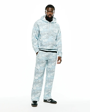 Relaxed fit light blue and grey digital camo French terry hoodie with white drawstrings and black ribbed hem, paired with matching Men's Alfie Graphic Sweatpants. (1)