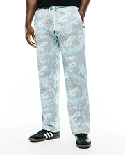 Men's Alfie Graphic Sweatpants in light blue, grey, and white digital camouflage pattern, featuring a relaxed straight leg fit, white drawstring, and small embroidered Psycho Bunny skull logo on the left thigh. (2)