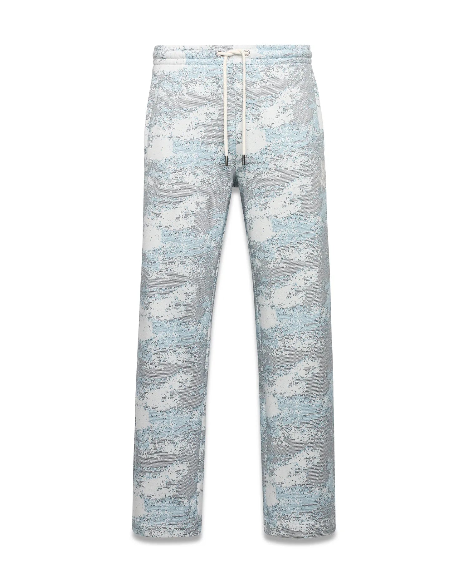 Men's Alfie Graphic Sweatpants, a relaxed fit pair in soft knit fabric, featuring a grey, white, and light blue pixelated digital camo print with a drawstring waist and metal tips. (5)