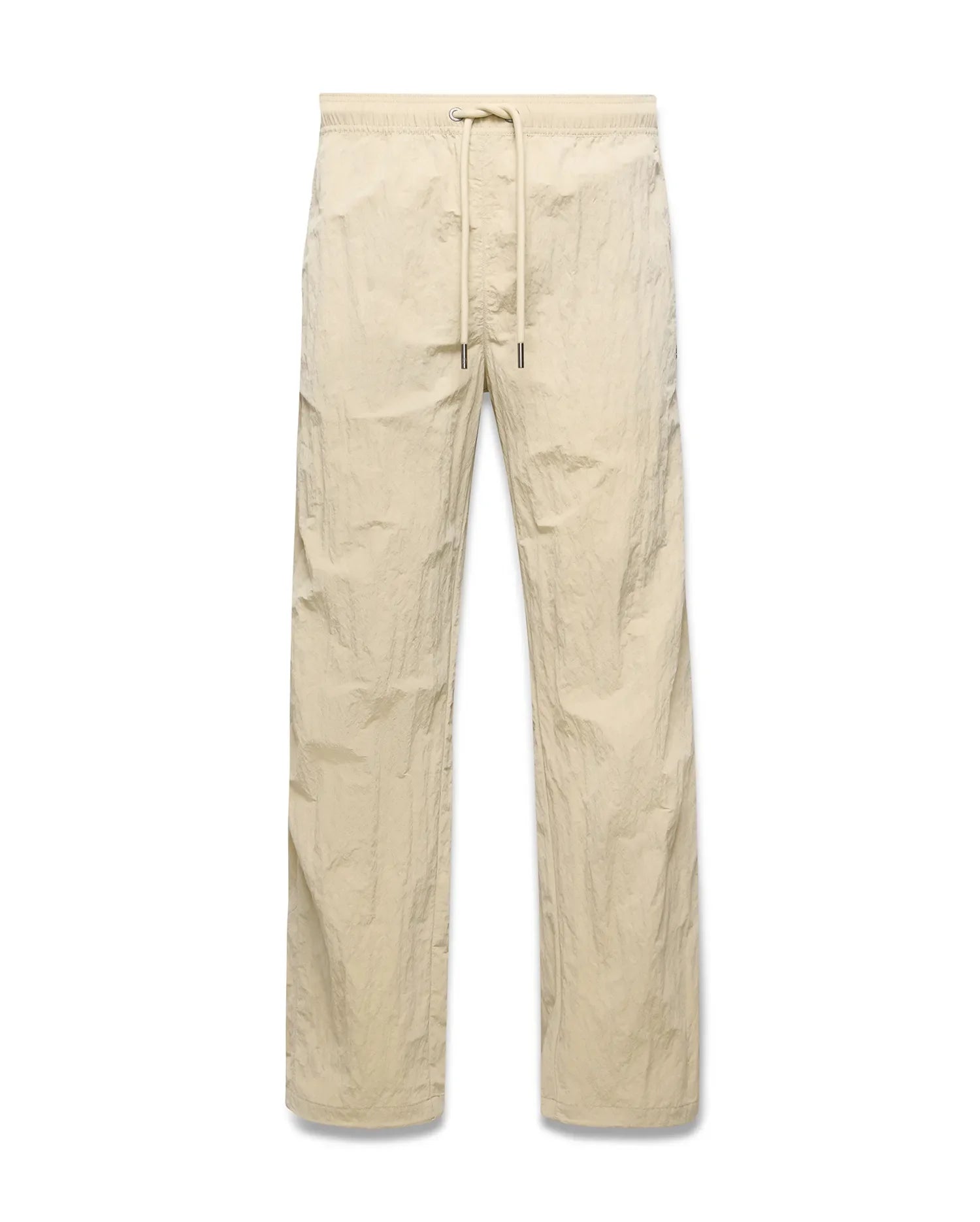 Mens Alder Nylon Pant in light beige with a crinkled nylon texture, featuring a relaxed straight-leg fit and an elasticated drawstring waist. (5)