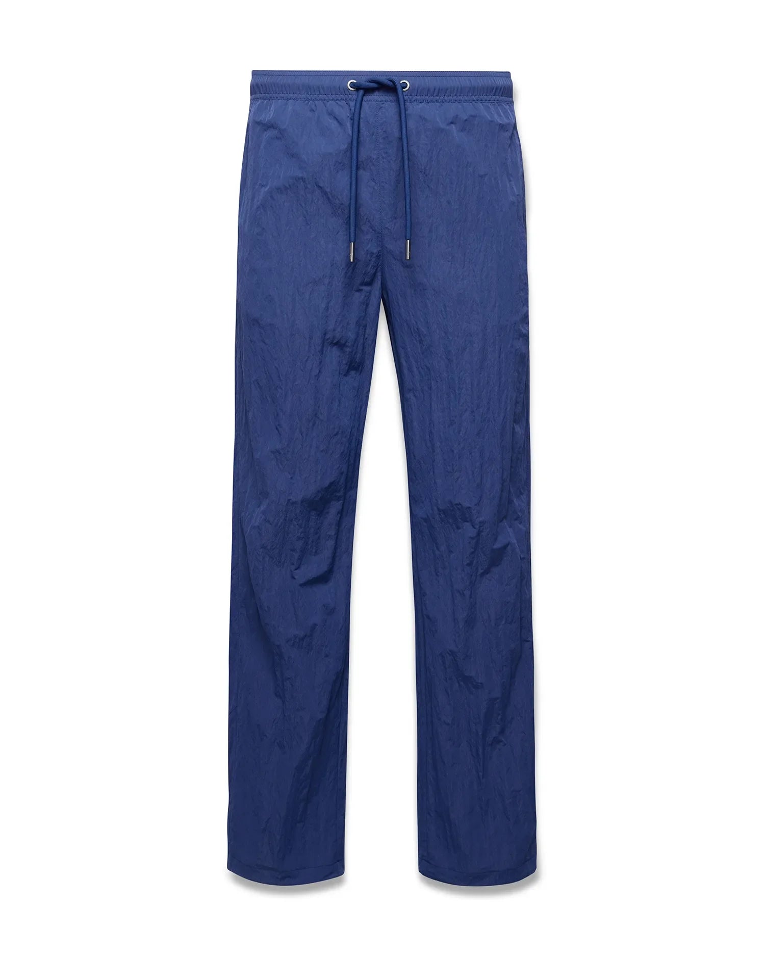 Mens Alder Nylon Pant in deep blue, featuring a relaxed straight leg fit, crinkled nylon fabric, and an elasticated drawstring waist with metallic tips. (5)