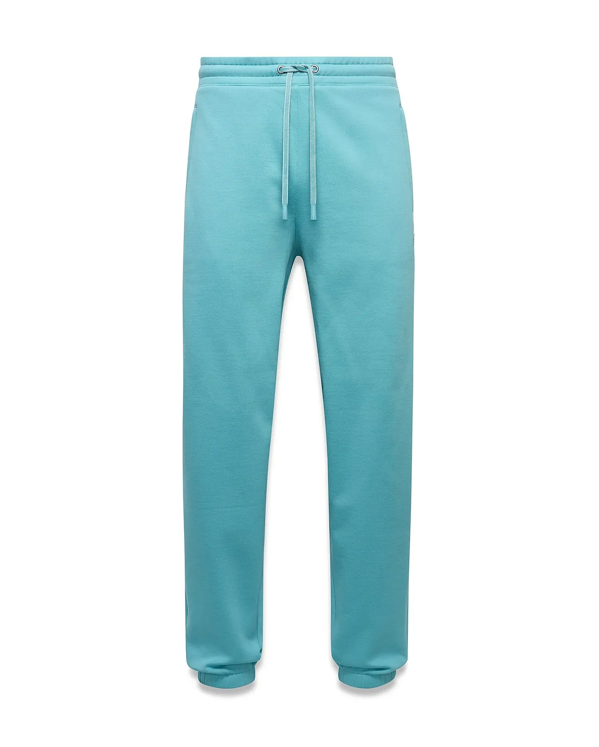 Mens Terrence Brushed Fleece Jogger in vibrant aqua, featuring a relaxed fit, drawstring waist, ribbed cuffs, and a small embroidered Psycho Bunny skull logo on the left thigh. (5)