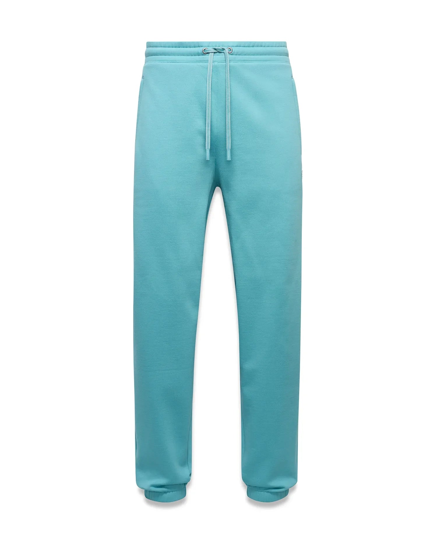 Mens Terrence Brushed Fleece Jogger in vibrant aqua, featuring a relaxed fit, drawstring waist, ribbed cuffs, and a small embroidered Psycho Bunny skull logo on the left thigh. (5)