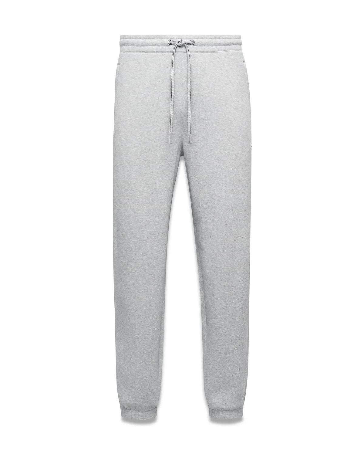 Mens Terrence Brushed Fleece Sweatpant in heather grey, a relaxed fit with tapered leg, ribbed cuffs, drawstring waist, and small embroidered Psycho Bunny skull logo on the left thigh.