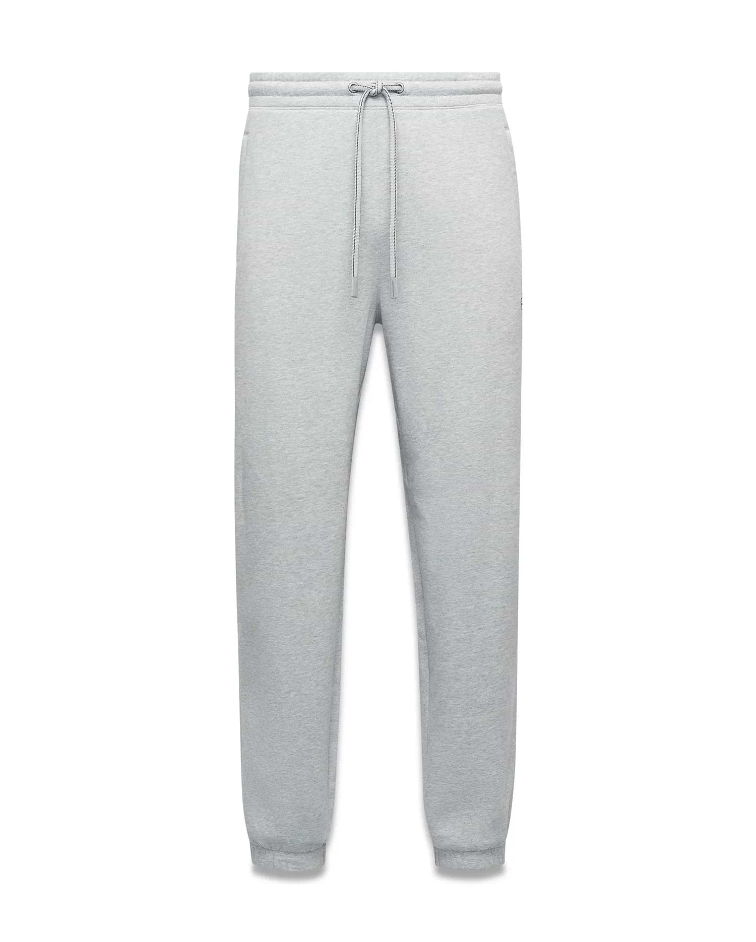 Mens Terrence Brushed Fleece Sweatpant in heather grey, a relaxed fit with tapered leg, ribbed cuffs, drawstring waist, and small embroidered Psycho Bunny skull logo on the left thigh.