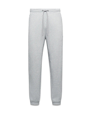 Mens Terrence Brushed Fleece Sweatpant in heather grey, a relaxed fit with tapered leg, ribbed cuffs, drawstring waist, and small embroidered Psycho Bunny skull logo on the left thigh.