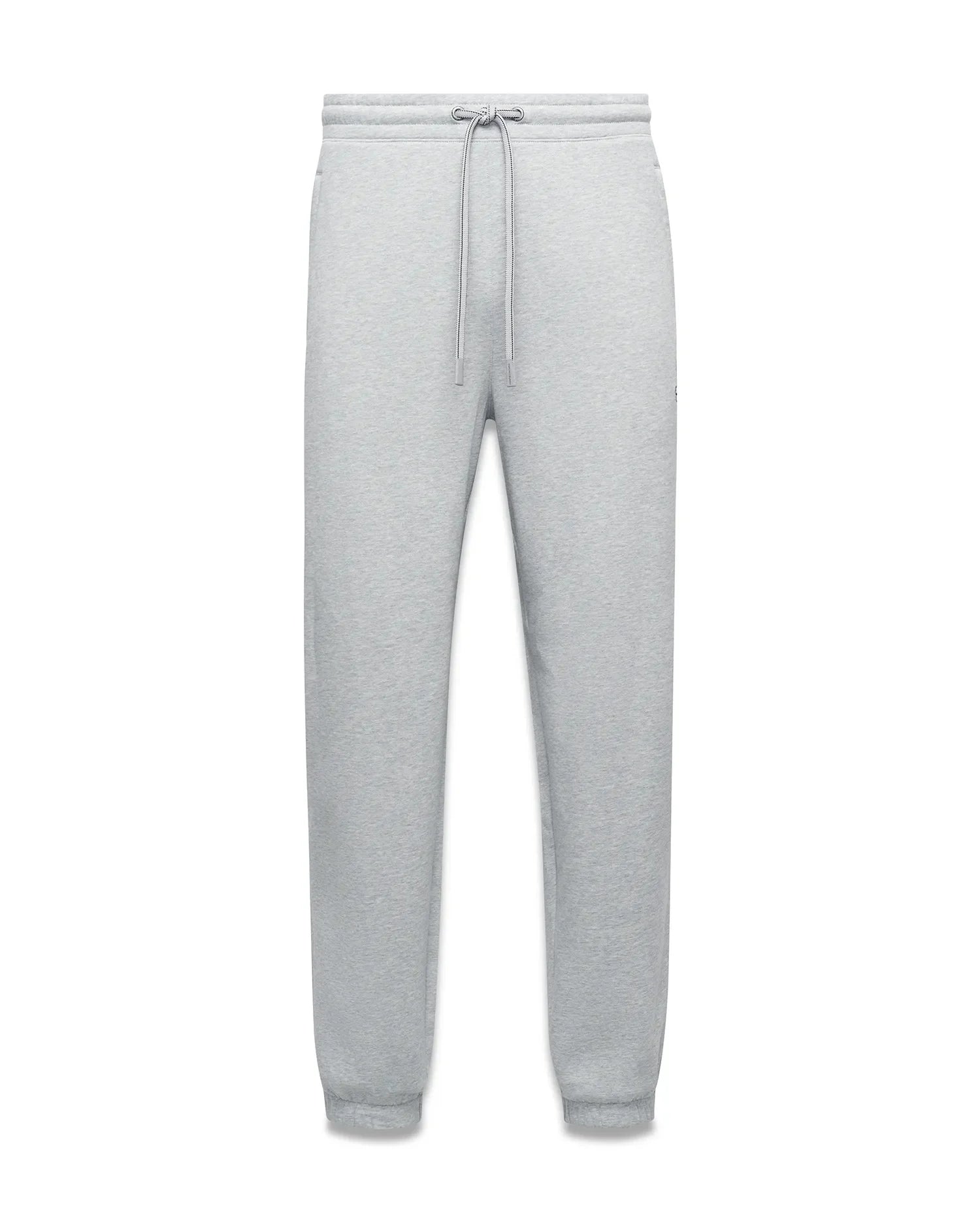 Mens Terrence Brushed Fleece Sweatpant in heather grey, a relaxed fit with tapered leg, ribbed cuffs, drawstring waist, and small embroidered Psycho Bunny skull logo on the left thigh.