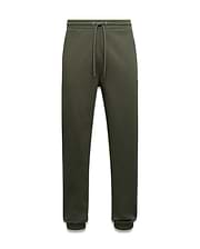Mens Terrence Brushed Fleece Sweatpant in dark olive green, relaxed fit, soft brushed texture, elastic waist with light grey drawstrings, ribbed cuffs, and small white embroidered Psycho Bunny skull logo on left thigh.