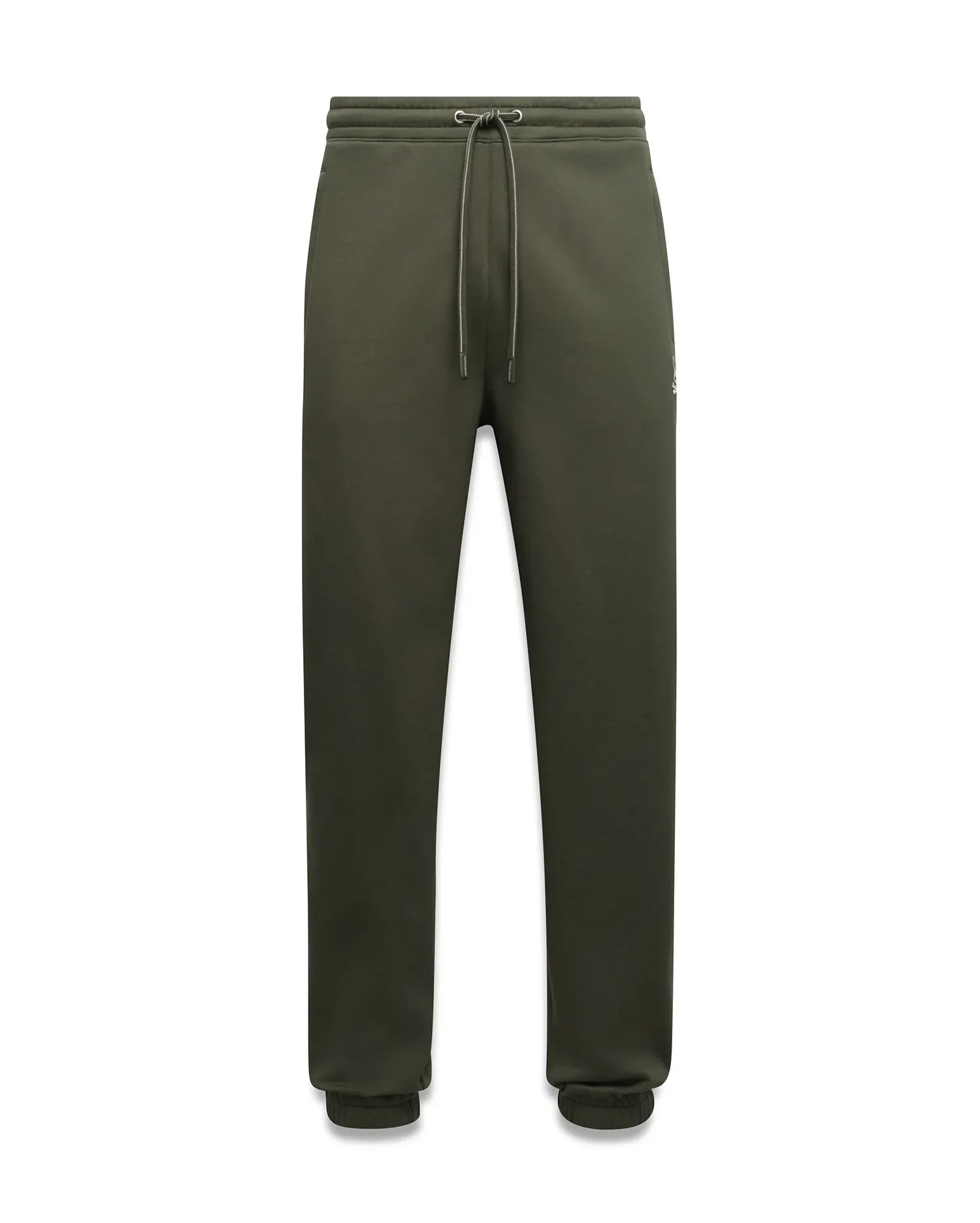 Mens Terrence Brushed Fleece Sweatpant in dark olive green, relaxed fit, soft brushed texture, elastic waist with light grey drawstrings, ribbed cuffs, and small white embroidered Psycho Bunny skull logo on left thigh.