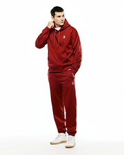 Relaxed fit red brushed fleece hoodie with white embroidered bunny skull logo on left chest and matching Mens Terrence Brushed Fleece Jogger with logo on left thigh. (1)