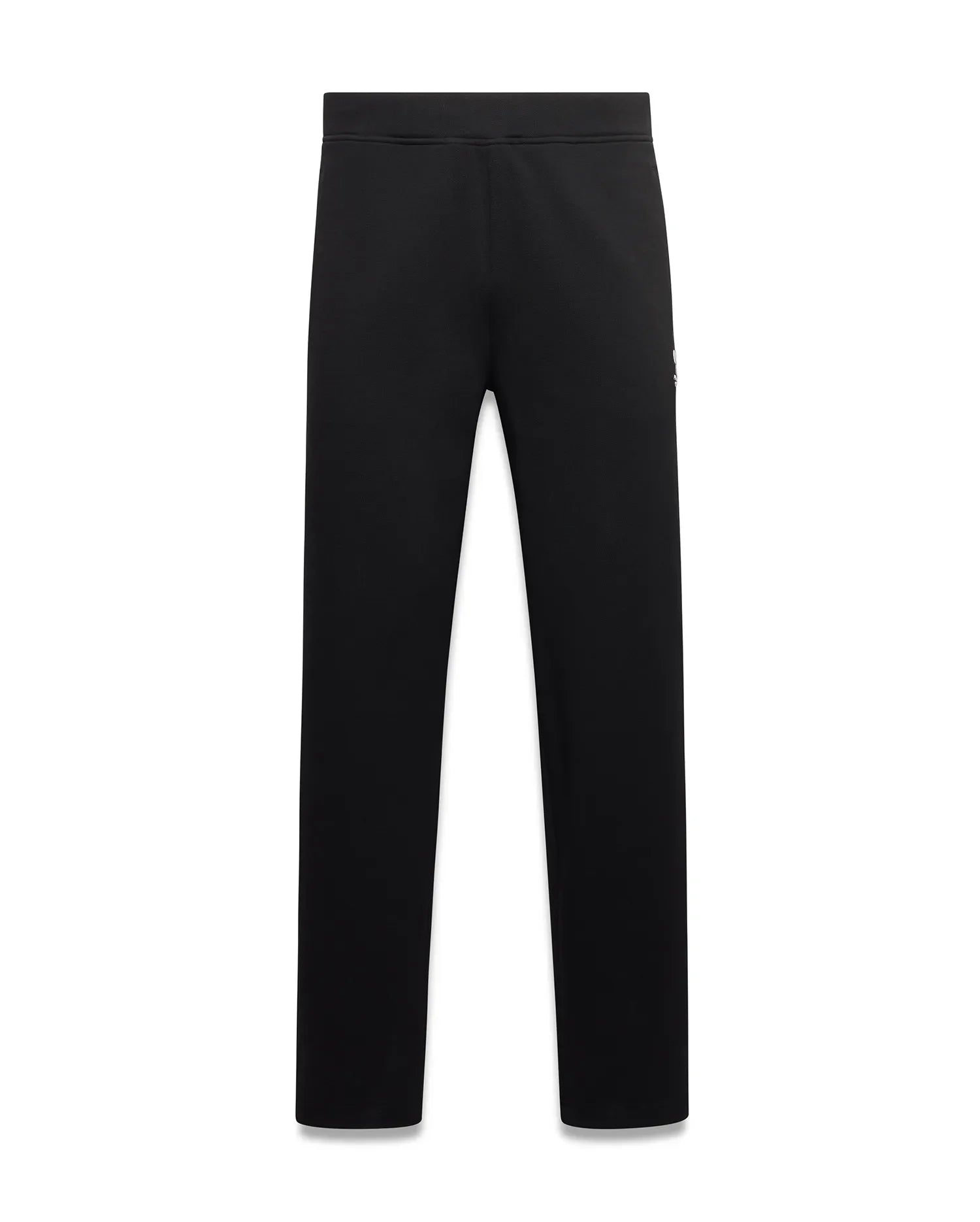 Black Men's Jacques Pique Track Pants, classic fit, featuring a small white embroidered Psycho Bunny skull logo on the left thigh and an elastic waistband. (5)