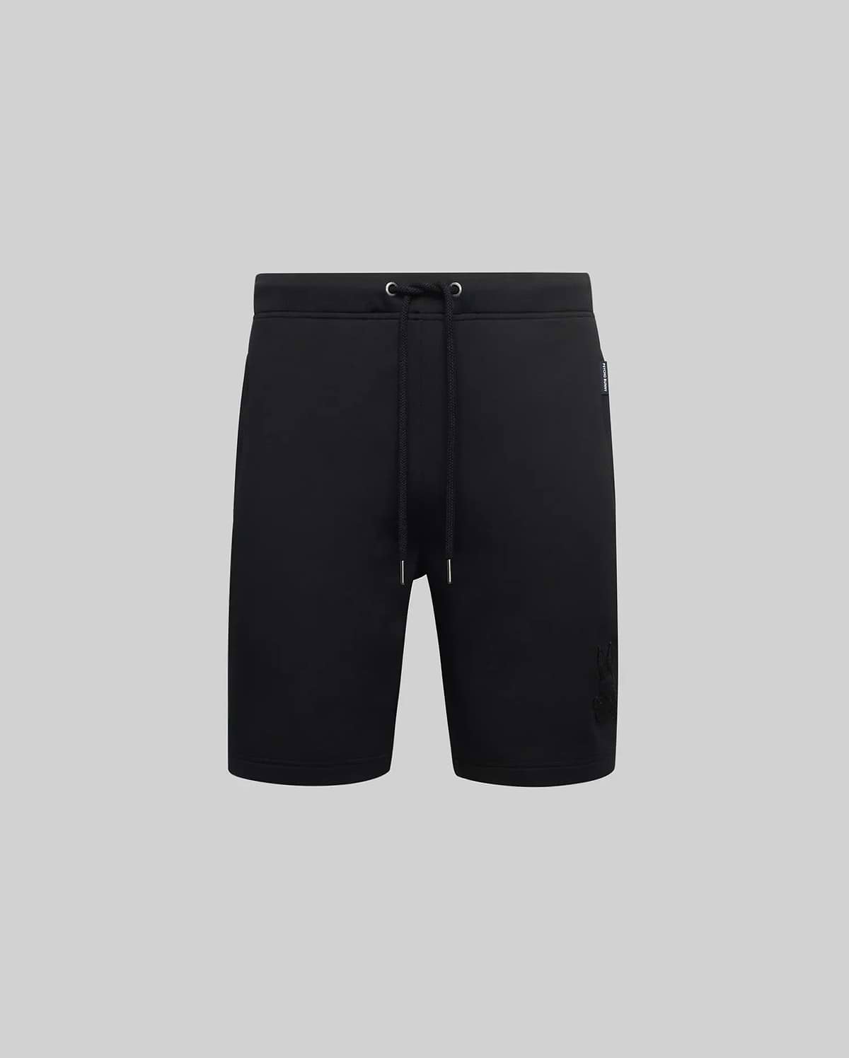 Black Mens Barry Short, relaxed fit french terry shorts with a drawstring waist, featuring a large tonal embroidered Psycho Bunny skull logo on the left leg and a small Psycho Bunny side tag. (4)