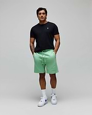 Black jersey tee with small white bunny skull embroidery on left chest, and Mens Barry Short mint green relaxed french terry shorts with large tonal bunny skull embroidery on left thigh. (5)