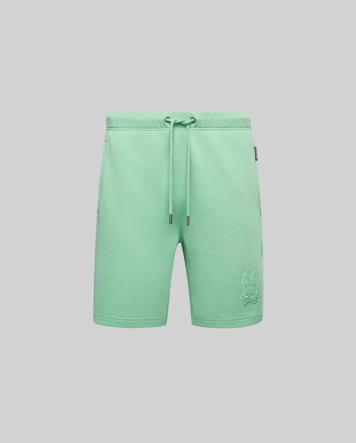 Mens Barry Short, mint green relaxed fit jersey shorts with a drawstring waist, side pockets, and a tonal embroidered Psycho Bunny skull logo on the right thigh. (6)