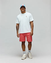 Pale blue jersey t-shirt with a small, colorful embroidered Psycho Bunny skull logo on the chest, paired with coral Mens Barry Short featuring an embossed bunny skull on the left thigh, and a light blue trucker hat with a pink Psycho Bunny patch. (4)