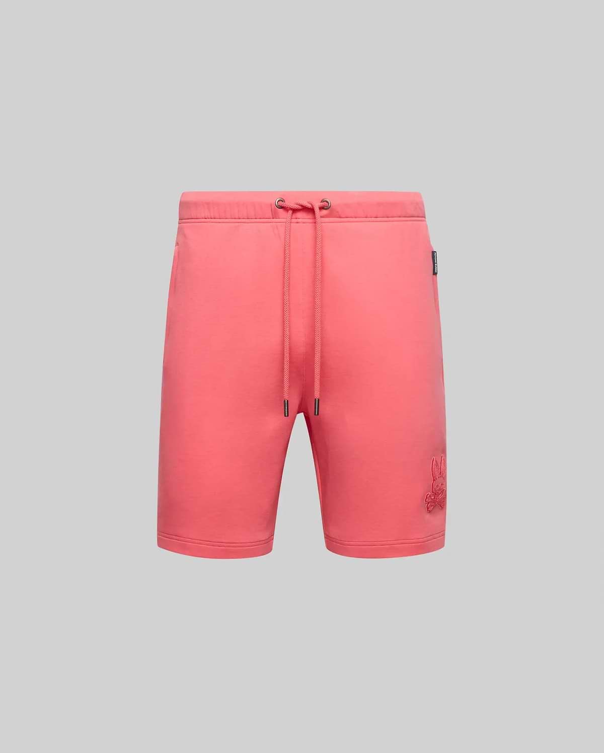 Mens Barry Short, coral relaxed fit jersey shorts with drawstring waist and tonal embroidered Psycho Bunny skull logo on the right thigh. (5)