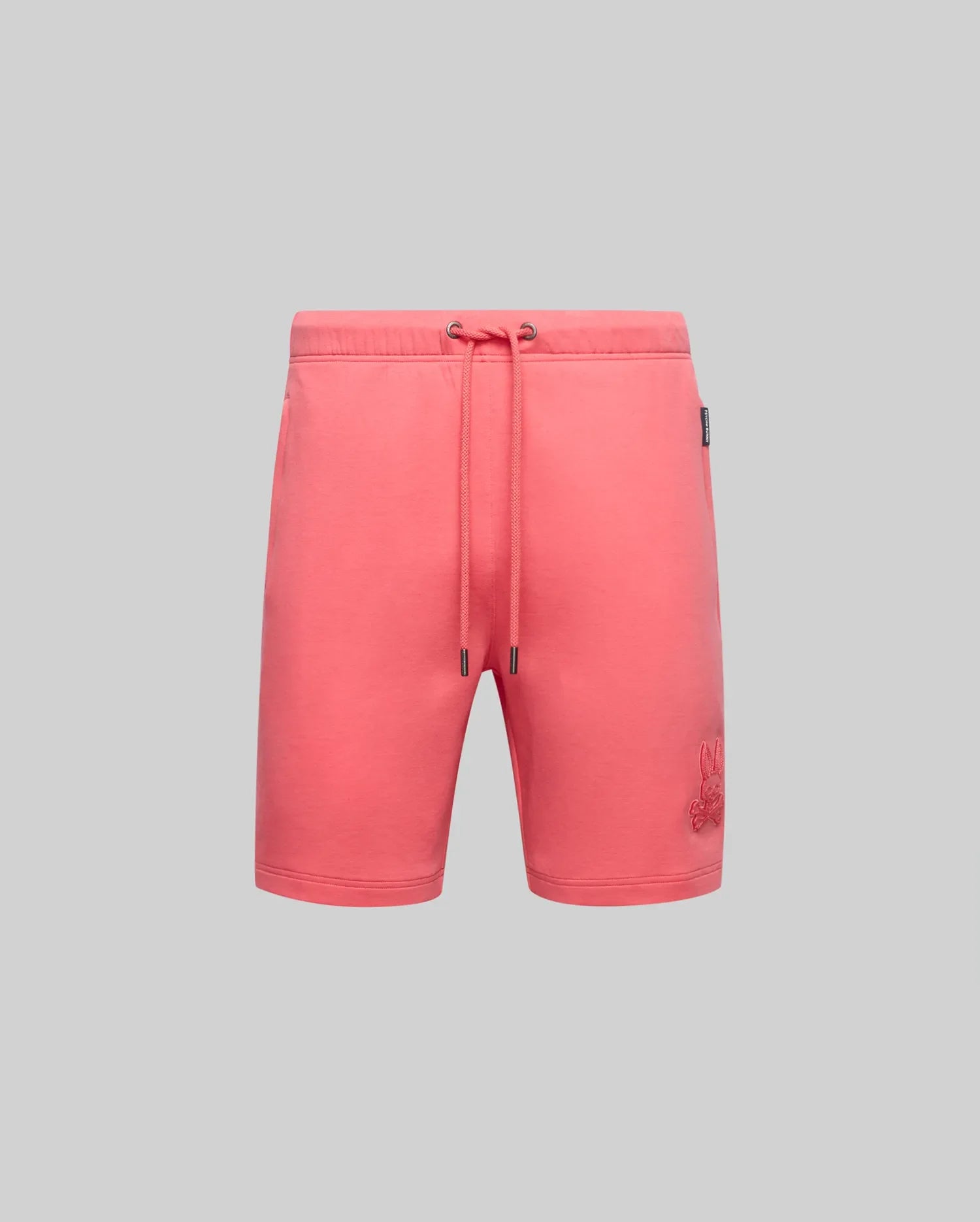 Mens Barry Short, coral relaxed fit jersey shorts with drawstring waist and tonal embroidered Psycho Bunny skull logo on the right thigh. (5)