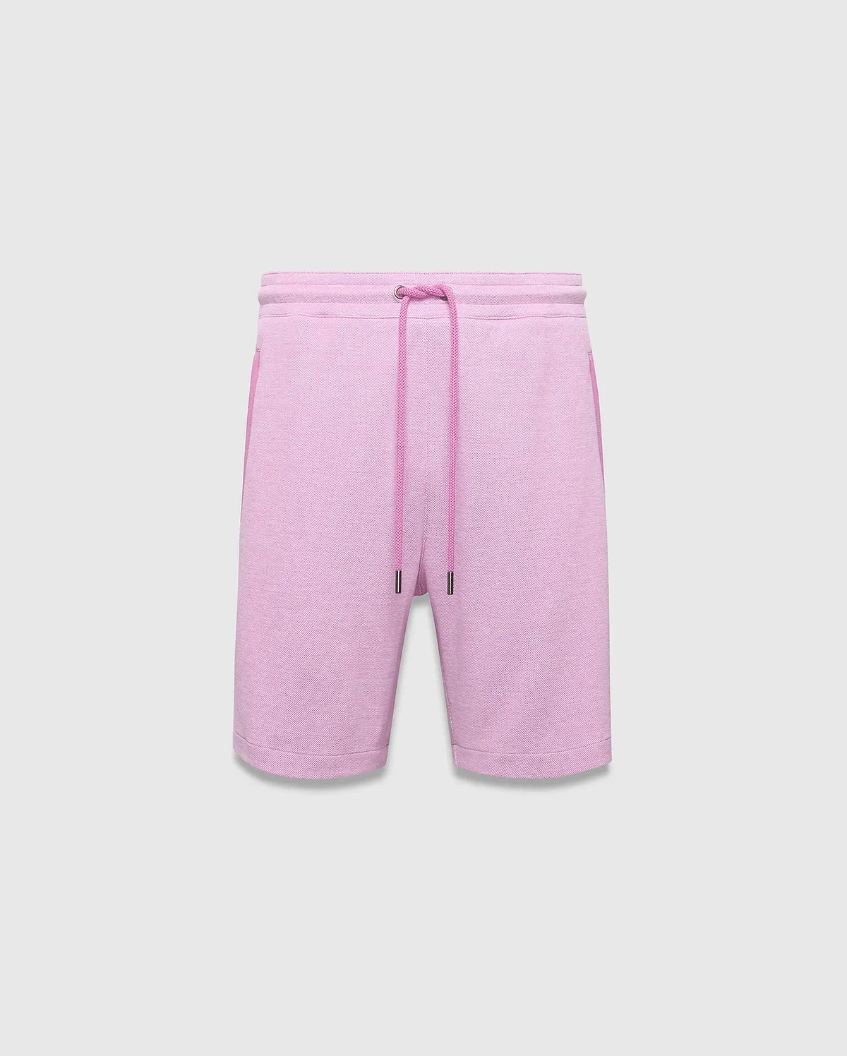 Mens Keith Short 8, a relaxed fit heathered light pink 8-inch jersey knit short featuring a contrasting darker pink drawstring, elastic waist, and subtle side pockets. (5)