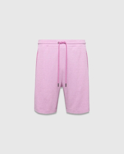 Mens Keith Short 8, a relaxed fit heathered light pink 8-inch jersey knit short featuring a contrasting darker pink drawstring, elastic waist, and subtle side pockets. (5)