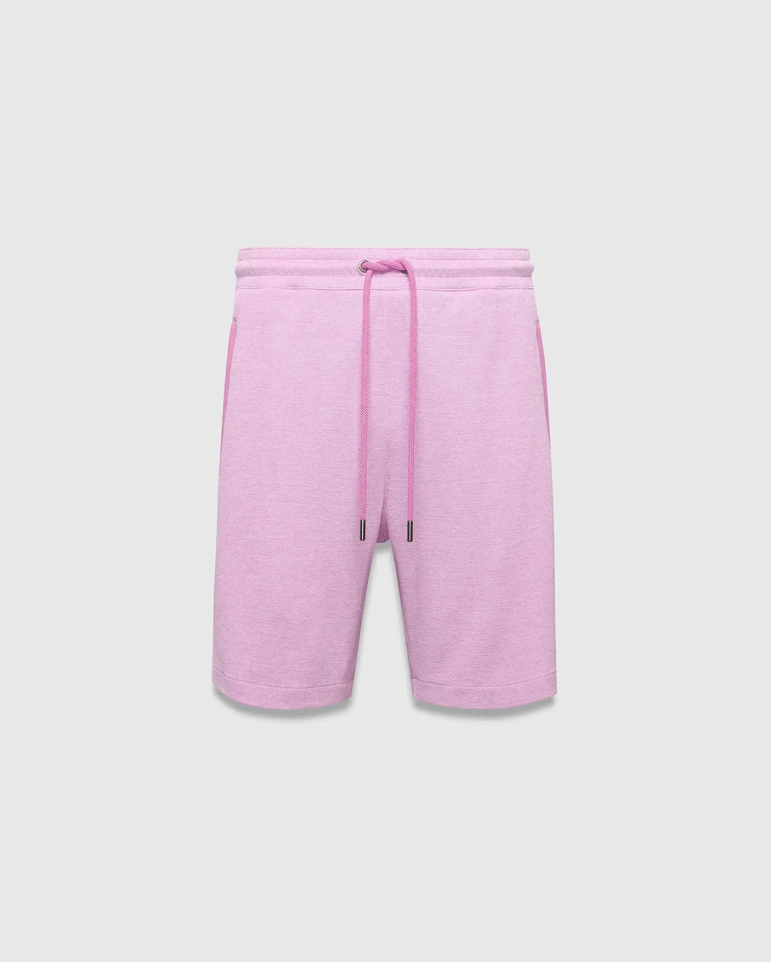 Mens Keith Short 8, a relaxed fit heathered light pink 8-inch jersey knit short featuring a contrasting darker pink drawstring, elastic waist, and subtle side pockets. (5)