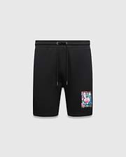 Mens Isaac Print Short, black classic fit jersey shorts featuring a drawstring waist and a large, vibrant multi-color paint splatter Psycho Bunny skull logo graphic on the lower left leg.