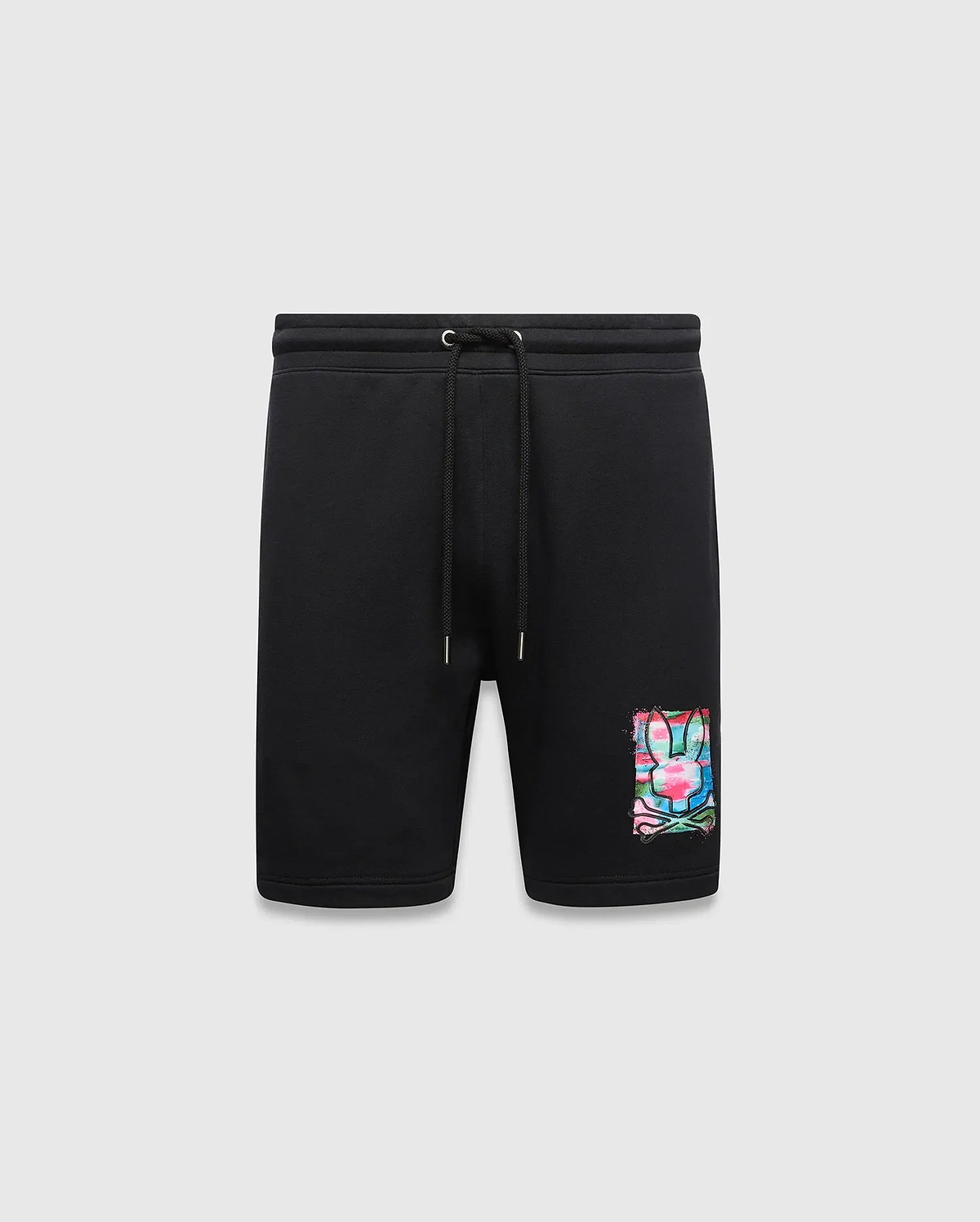 Mens Isaac Print Short, black classic fit jersey shorts featuring a drawstring waist and a large, vibrant multi-color paint splatter Psycho Bunny skull logo graphic on the lower left leg.