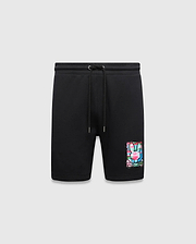 Mens Isaac Print Short, black classic fit jersey shorts featuring a drawstring waist and a large, vibrant multi-color paint splatter Psycho Bunny skull logo graphic on the lower left leg.