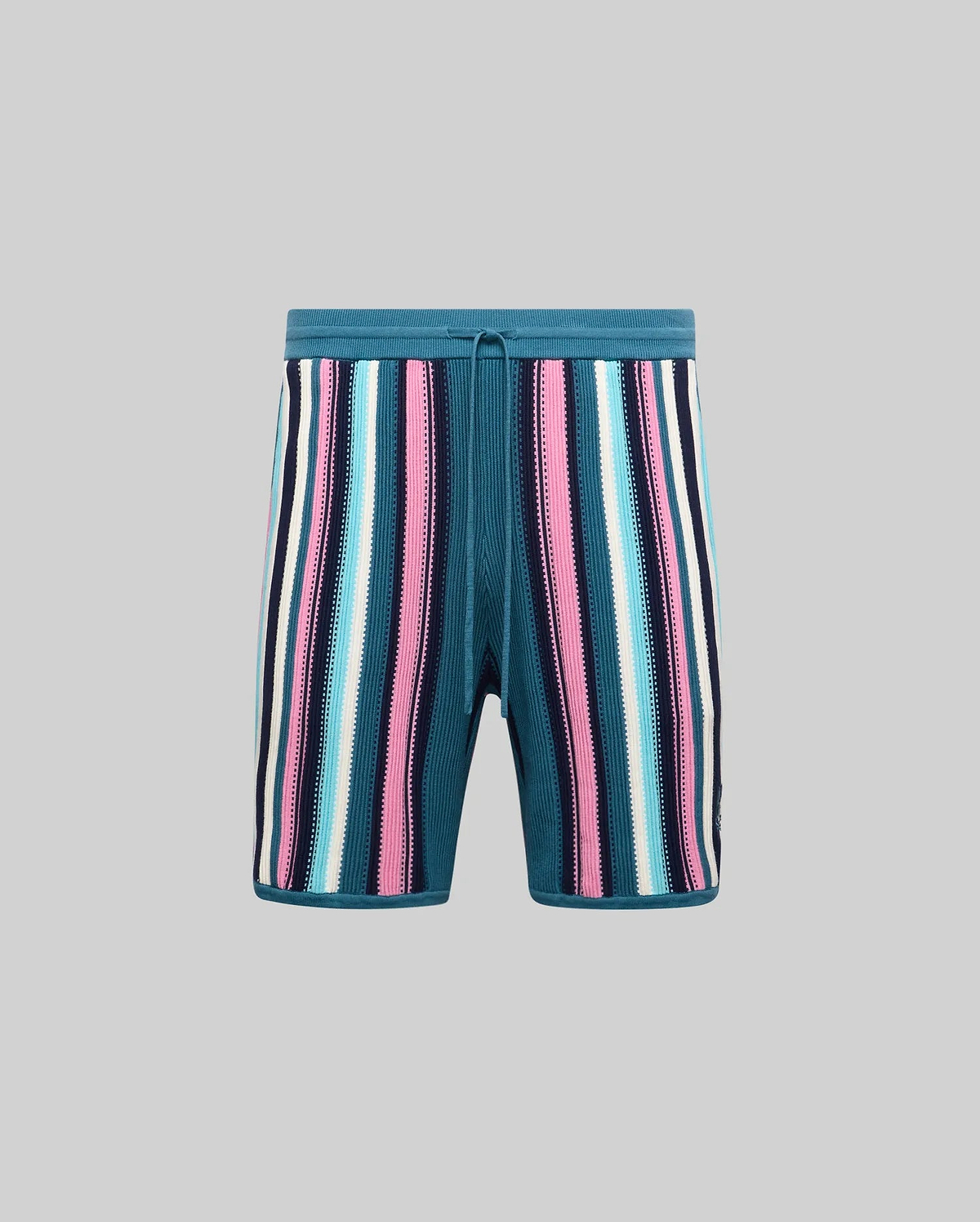 Mens Cliff Knit Short, relaxed fit, teal knit with bold vertical stripes in pink, light blue, white, and navy, featuring a drawstring waist and small embroidered Psycho Bunny skull logo.