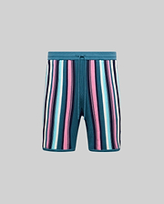 Mens Cliff Knit Short, relaxed fit, teal knit with bold vertical stripes in pink, light blue, white, and navy, featuring a drawstring waist and small embroidered Psycho Bunny skull logo.