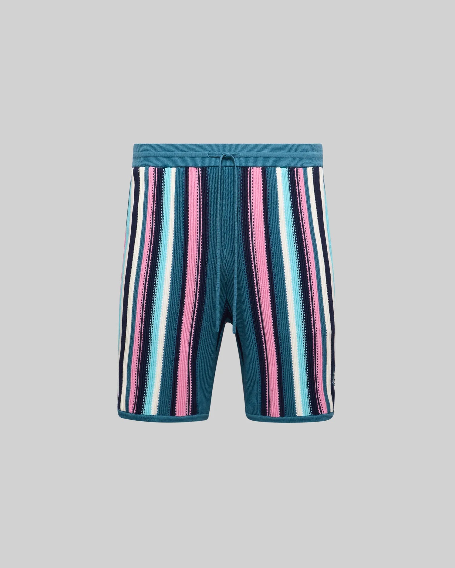 Mens Cliff Knit Short, relaxed fit, teal knit with bold vertical stripes in pink, light blue, white, and navy, featuring a drawstring waist and small embroidered Psycho Bunny skull logo.
