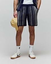 Mens Cliff Knit Short in navy with bold cream vertical stripes, a relaxed fit, and a comfortable textured knit fabric, complete with a functional drawstring waist.
