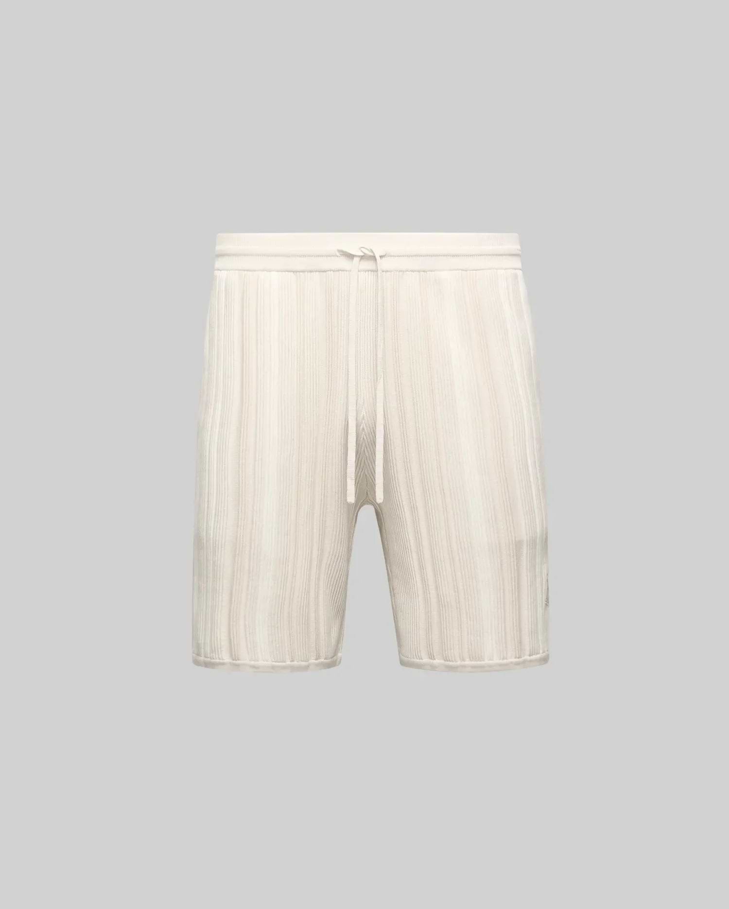 Mens Cliff Knit Short in soft ecru, featuring a relaxed fit and a prominent vertical rib knit texture with a comfortable drawstring waist.