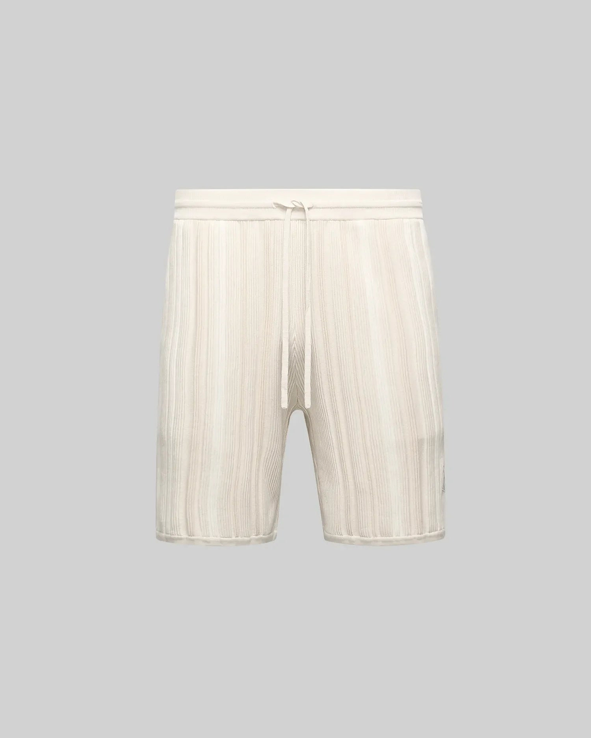 Mens Cliff Knit Short in soft ecru, featuring a relaxed fit and a prominent vertical rib knit texture with a comfortable drawstring waist.