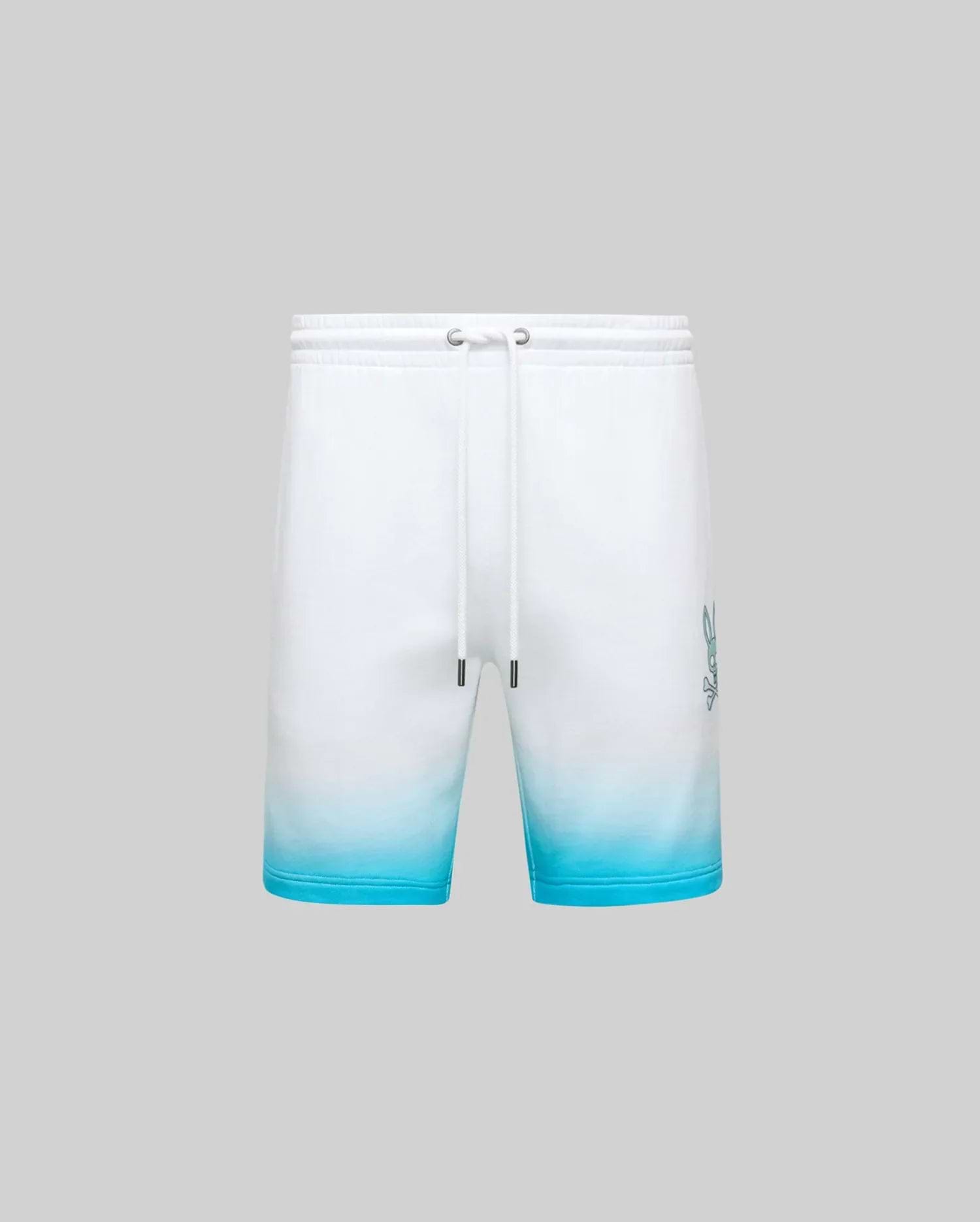 Mens Dax Sweatshort, white relaxed fit French terry with a vibrant blue ombre fade at the hem and a medium embroidered Psycho Bunny skull logo on the left thigh. (5)