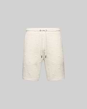 Mens Dustin Sweatshort, cream textured knit with all-over embossed Psycho Bunny skull and checkerboard pattern, relaxed fit, drawstring waist with metal tips. (5)