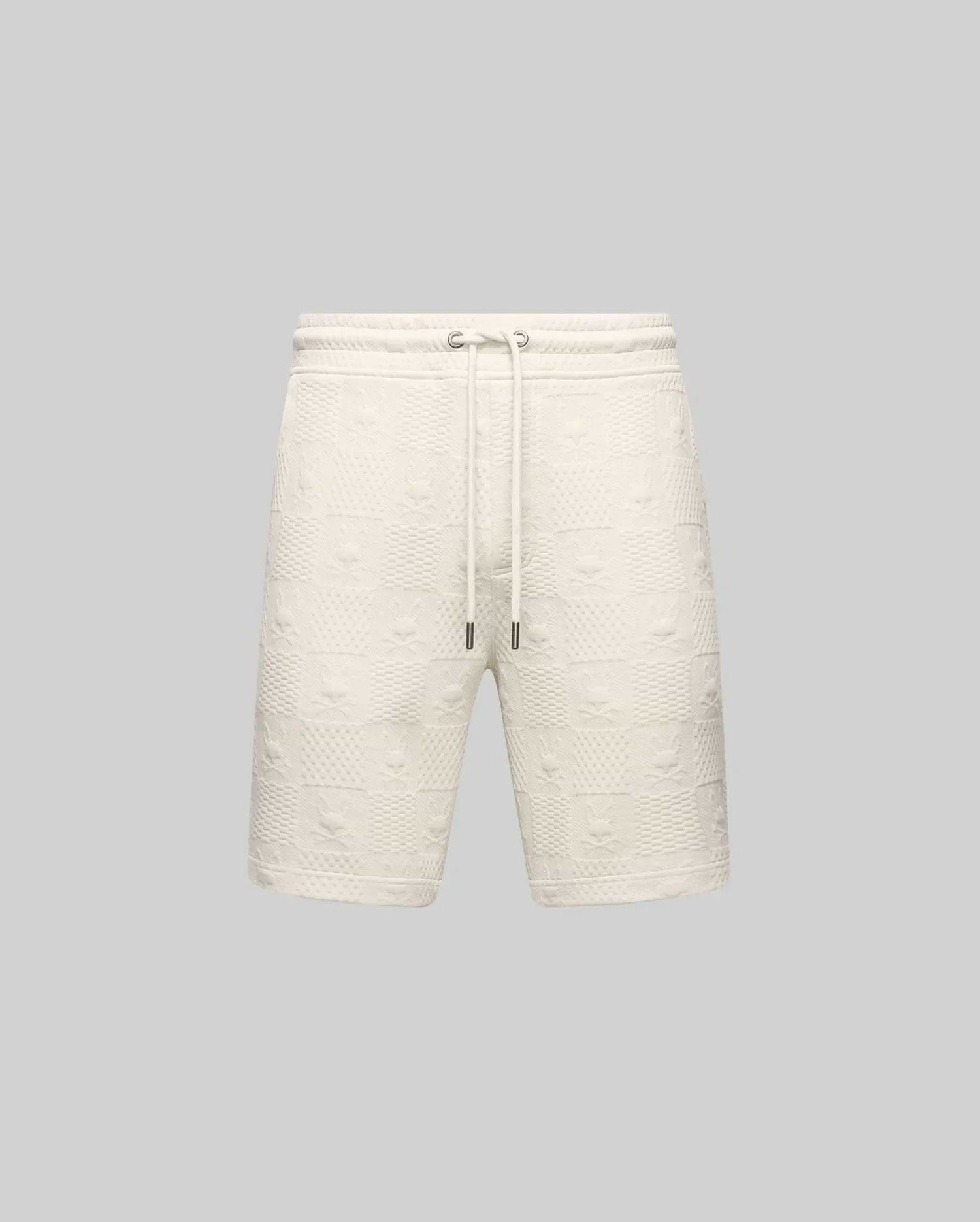 Mens Dustin Sweatshort, cream textured knit with all-over embossed Psycho Bunny skull and checkerboard pattern, relaxed fit, drawstring waist with metal tips. (5)
