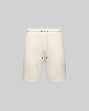 Mens Dustin Sweatshort, cream textured knit with all-over embossed Psycho Bunny skull and checkerboard pattern, relaxed fit, drawstring waist with metal tips. (5)